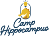 Camp Hippocampus Logo - A yellow seahorse mascot with a lightbulb above its head in a window above " Camp Hippocampus" written in script font